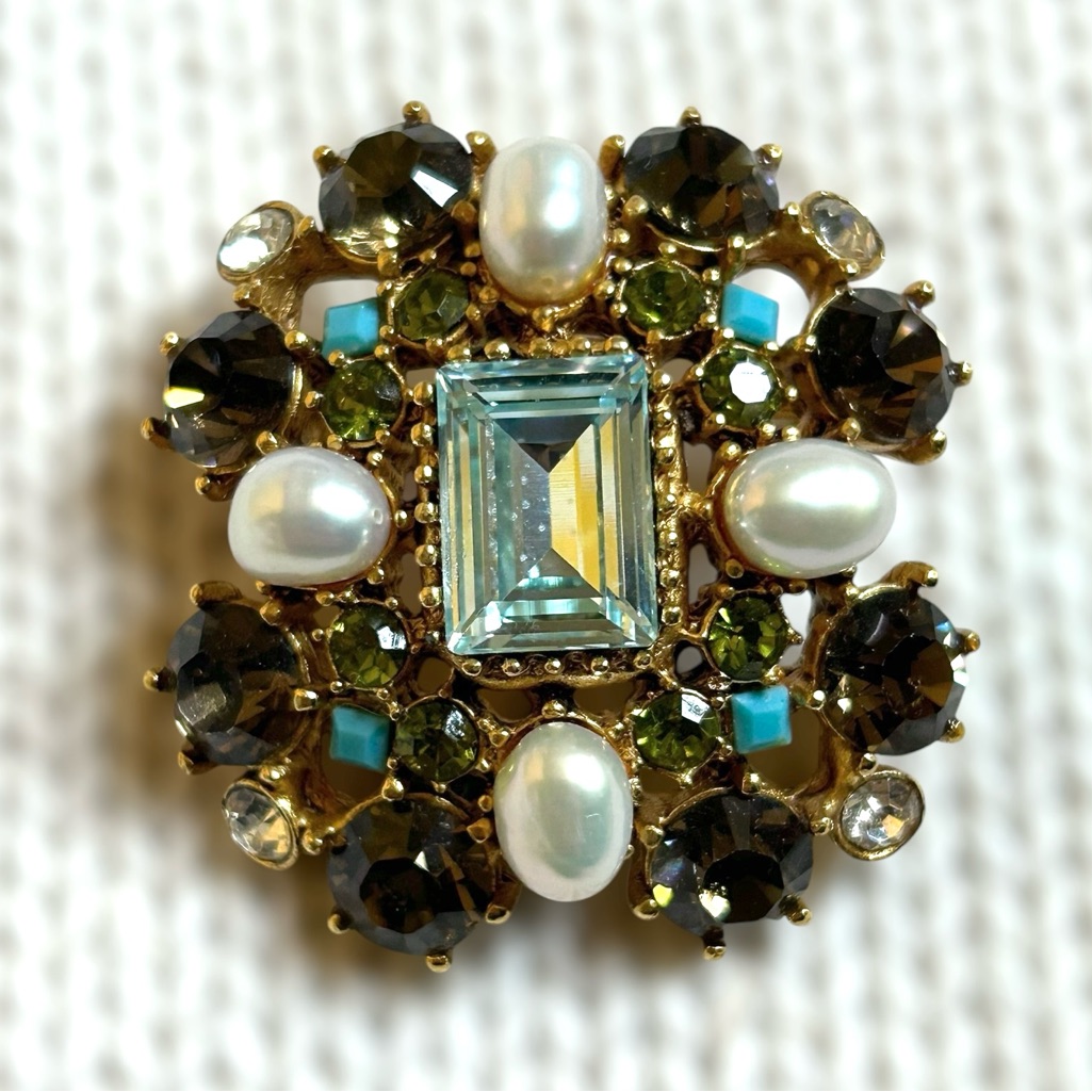 Vtg Signed Gerard Yosca Pearl Blue Green Brown Crystal Brooch